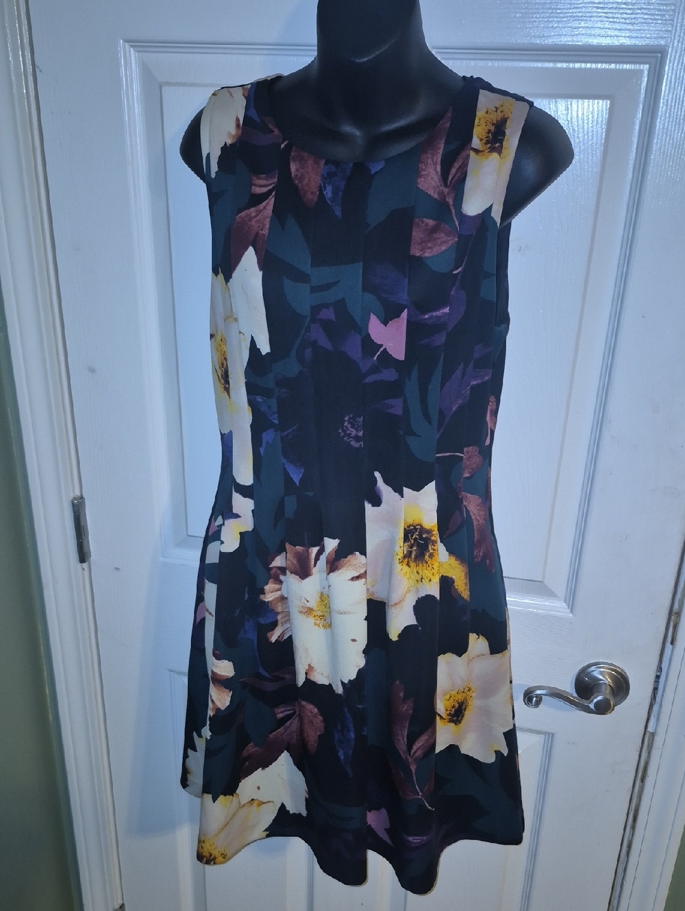 Sleeveless Floral A-Line Dress in Black and Cream